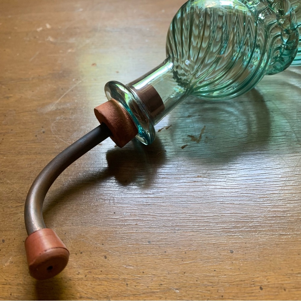 Hummingbird Feeder Green Blown Glass Globe with Copper Spout, Housewarming Gift - Picture 3 of 4